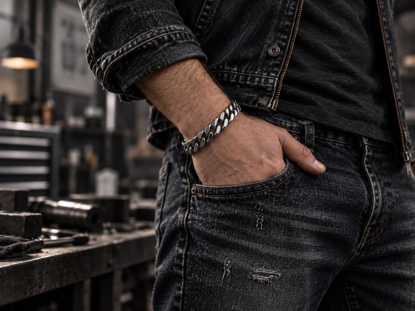 Man in a denim jacket wearing a stainless steel Cuban bracelet, hand in pocket